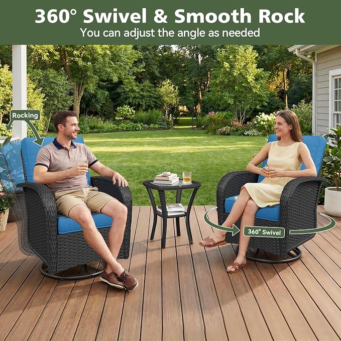 Aoxun 11 Piece Outdoor Patio Furniture Set with 44'' Fire Pit Table, Wicker Rattan Outdoor Furniture with High Back Swivel Rocker Chairs, Outdoor Sofa Set with Thick Cushion & Side Table, Peacock Blue