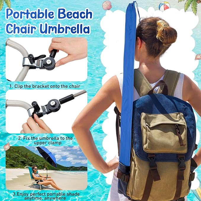 Sadnyy 6 Pcs Beach Chair Umbrella with Universal Clamp, 360 ° Adjustable Clip on Umbrellas 42" UPF 50+ Portable Sun Shade for Beach Chair Patio Camping Wheelchair Stroller Golf Cart