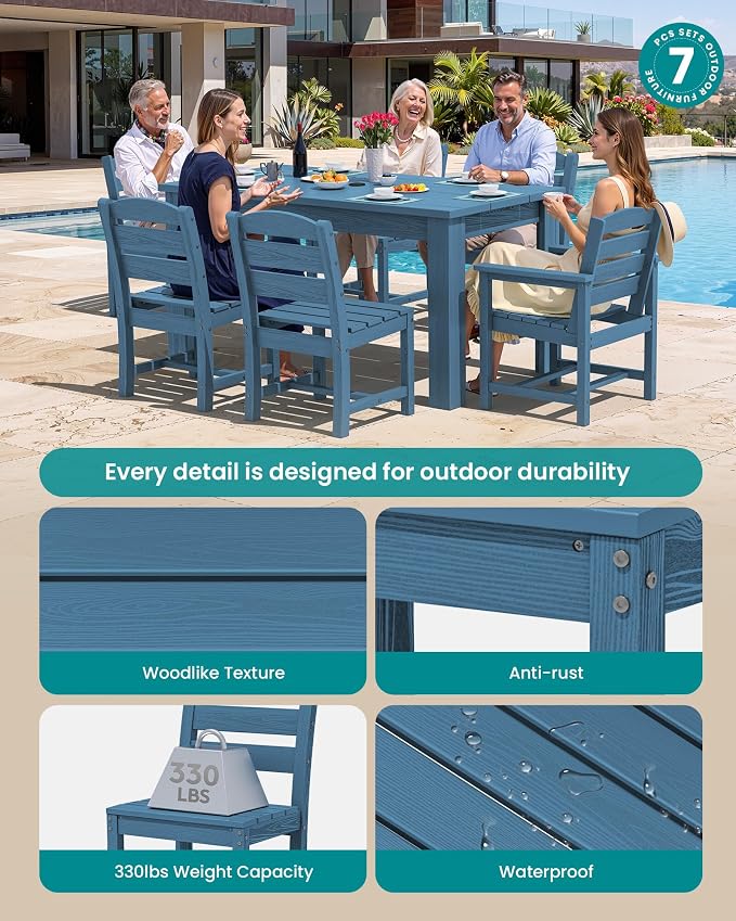 SERWALL 59" Outdoor Dining Set for 6, w/ 1 Table & 6 Chairs, Blue | Armless Patio Dining Sets for All Weather Use