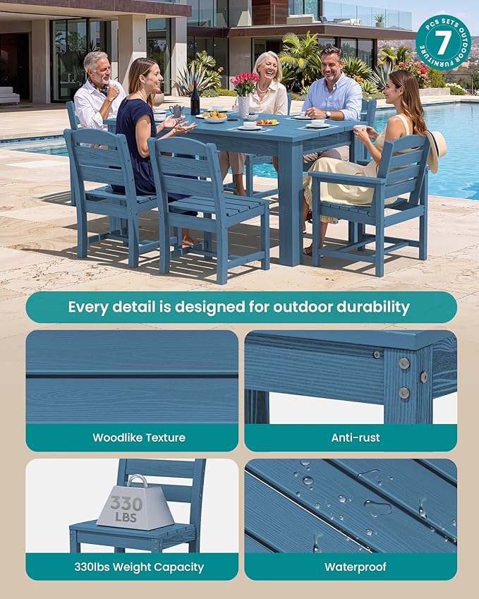 SERWALL 59" HDPE Outdoor Dining Set for 6, w/ 1 Table & 6 Chairs, Blue | Armless Patio Dining Sets for All Weather Use