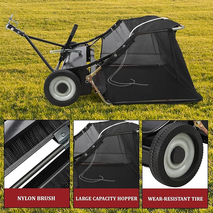 Garvee 48" Tow-Behind Lawn Sweeper – 26 cu.ft. Large-Capacity Pull-Behind Grass & Leaf Collector, Heavy-Duty Adjustable Height, Dumping Rope Design for Easy Debris Disposal, Fits Tractors & ATVs