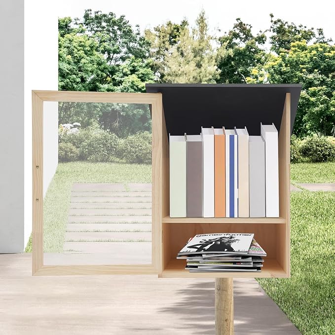 Outdoor Library Book Box Literature Exchange Kit Outdoor Wood Cabinet for Sharing Books Community Literature, Flyers, Newspapers (2 Tiers, 16 x 22.63in)