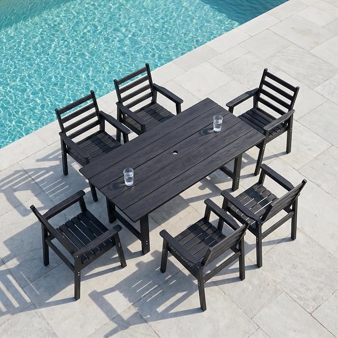 7 Piece HDPE Outdoor Dining Set for 6, Patio Dining Furniture Set with 2” Umbrella Hole, Weather Resistant Outdoor Table and Chairs for Garden, Poolside, Backyard, Deck