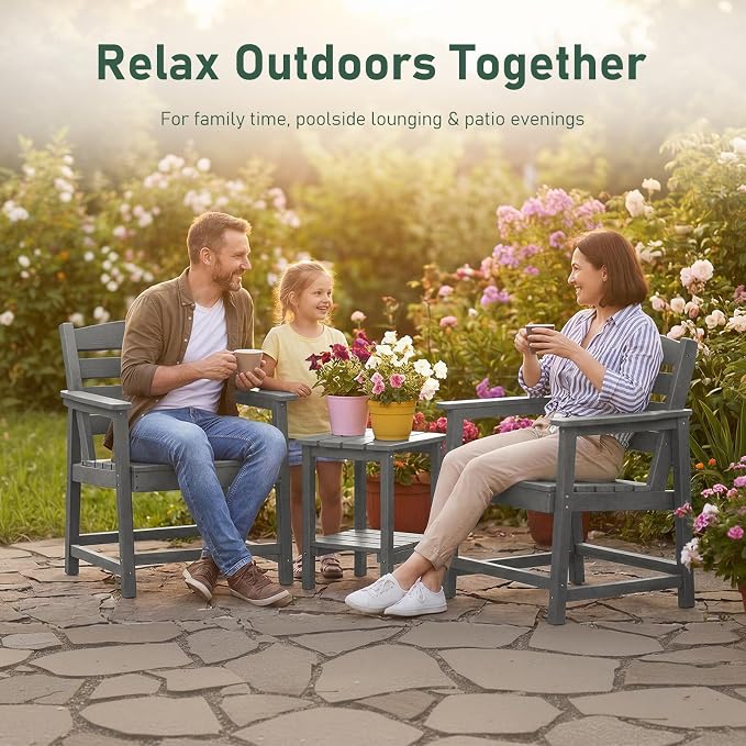 Furnimart 3-Piece Patio Bistro Set, HDPE Outdoor Chairs Set of 2 and Side Table, All-Weather Outdoor Furniture Set, Modern Conversation Sets with Coffee Table for Garden, Balcony, Porch, Grey