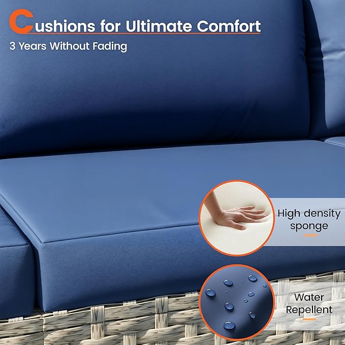 Patio Furniture Set, 7-Piece Outdoor Sectional All-Weather Wicker Patio Conversation Set for Backyard (Navy Blue Cushions with Grey Rattan)