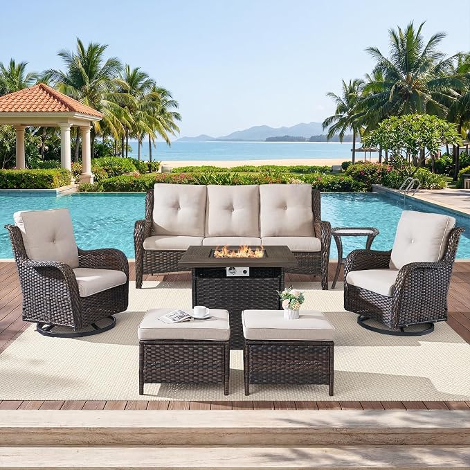 Belord Patio Furniture Set with Fire Pit Table,7 Piece Wicker Outdoor Furniture Set, Swivel Rocker Chairs with Ottomans and Sofa, All Weather Patio Conversation Set, for Pool,Yard,Brown Wicker/Beige