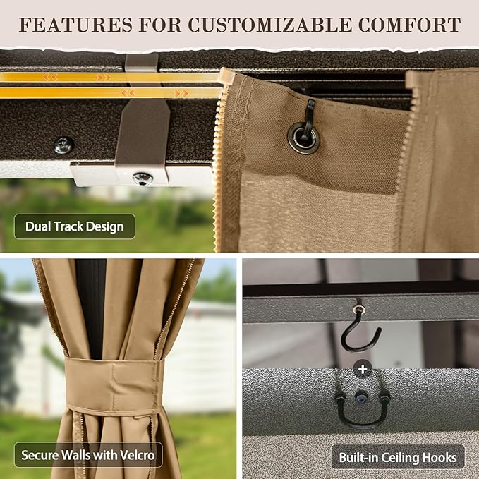 EAGLE PEAK 12x18 Hardtop Gazebo, Galvanized Steel Double Roof with Aluminum Frame, Outdoor Pavilion with Netting and Curtains for Patio, Deck, Lawn and Garden, Dark Brown/Tan