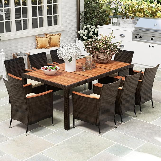 COSTWAY 9-Piece Patio Dining Set for 8, Outdoor Rattan Wicker Table and Chairs Furniture Set with Umbrella Hole, Acacia Wood Tabletop for Backyard, Balcony, Poolside, Brown & Beige