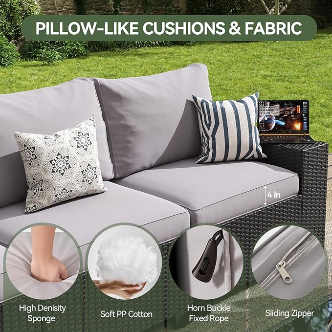 Aoxun 6 Piece Wicker Sectional Set with 4 Inch Cushion, Wide Armrests and Waterproof Cover for Backyard
