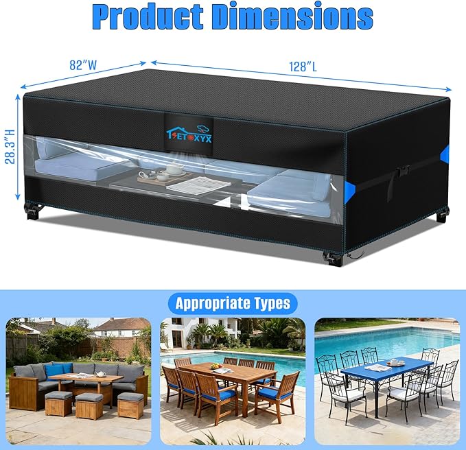 Rectangular Patio Table and Chair Cover, 600D Oxford Waterproof Outside Furniture Covers, Patio Furniture Covers Waterproof with Windproof Buckle Straps(128"L x 82"W x 28.3"H)