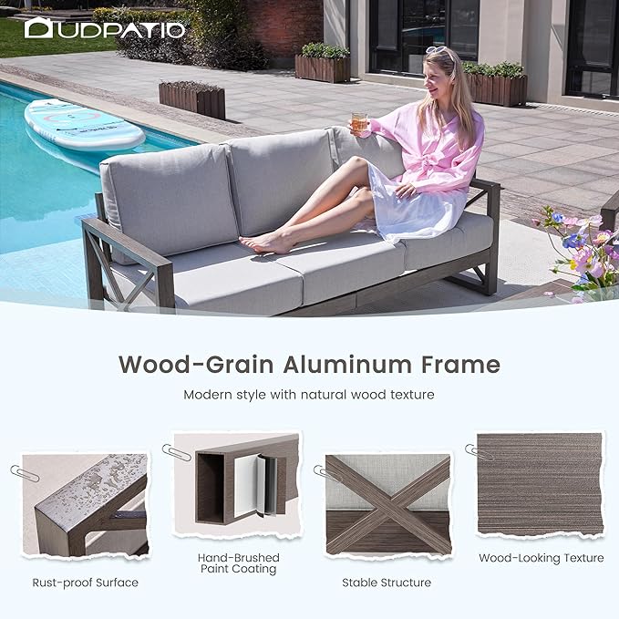 UDPATIO 5 Piece Faux Wood Aluminum Patio Furniture Set 6 Seats Modern Outdoor Furniture Patio Conversation Sets with Coffee Table for Balcony, Backyard, 600D Waterproof Cover Included, Light Grey