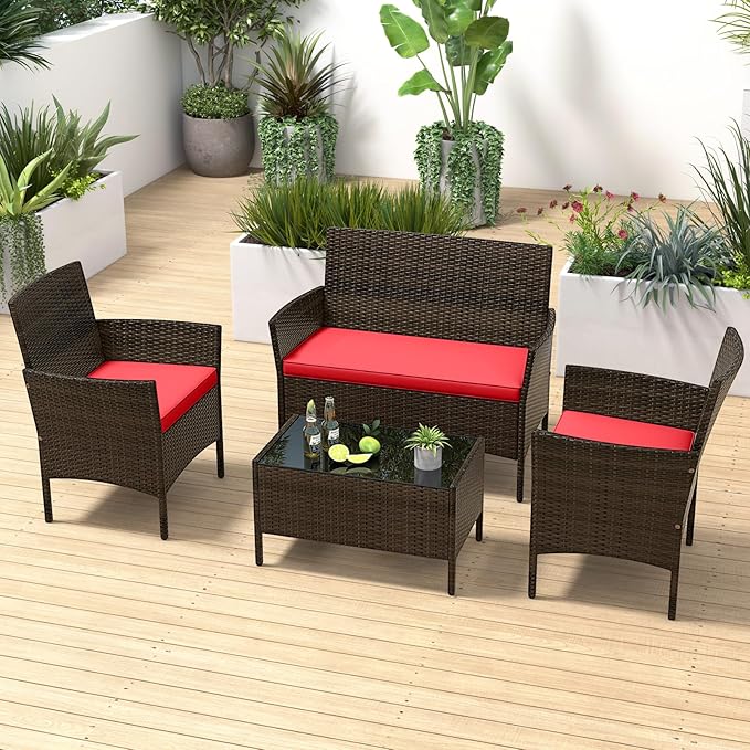 RELAX4LIFE 4-Piece Patio Furniture Set - Rattan Outdoor Conversation Bistro Set w/Cushions, Glass Coffee Table, Wicker Chairs & Loveseat for Garden Backyard Porch, Balcony Furniture Set (1, Red)