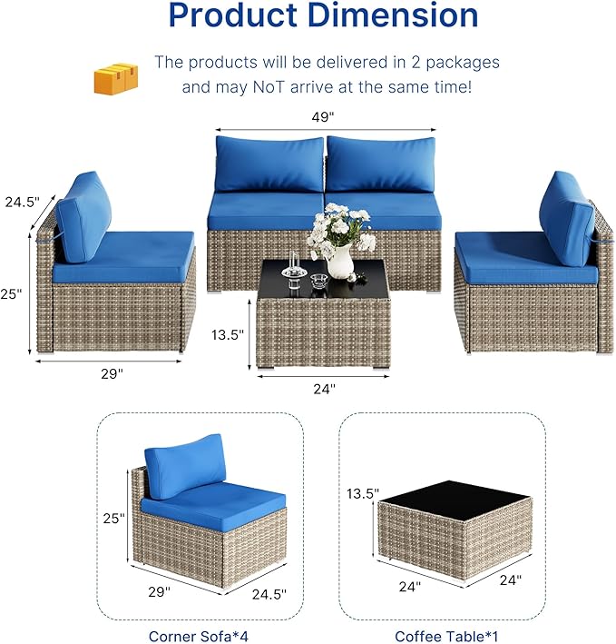 5 Piece Patio Furniture Set, Outdoor Wicker Patio Sofa Set, PE Rattan Sectional Couch with Glass Table and Blue Cushions, All-Weather 5 Piece Outdoor Patio Furniture Sets, Grey