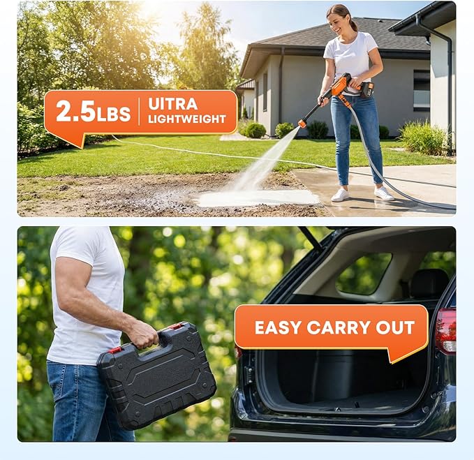 Cordless Portable Washer, Brushless 4000mAh Battery Operated Washer, Handheld Car Washer with 6-in-1 Nozzle Battery Charger,Lightweight Washer Cleaning Tool with Foam Pot for Patio Boat Fence