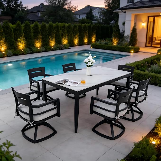 7PC Aluminum Outdoor Patio Dining Set, 71”Rectangular White Marble Dining Table with Sintered Stone Top and 6 Cushioned Swivel Rockers, All-Weather Patio Furniture