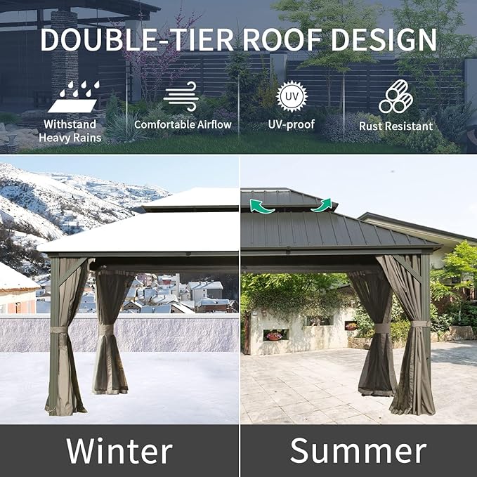 Domi Outdoor Hardtop Gazebo 12’x14’, Permanent Metal Gazebo for Patios with Aluminum Frame, Galvanized Steel Double Roof, Heavy Duty Curtains & Netting, Grey