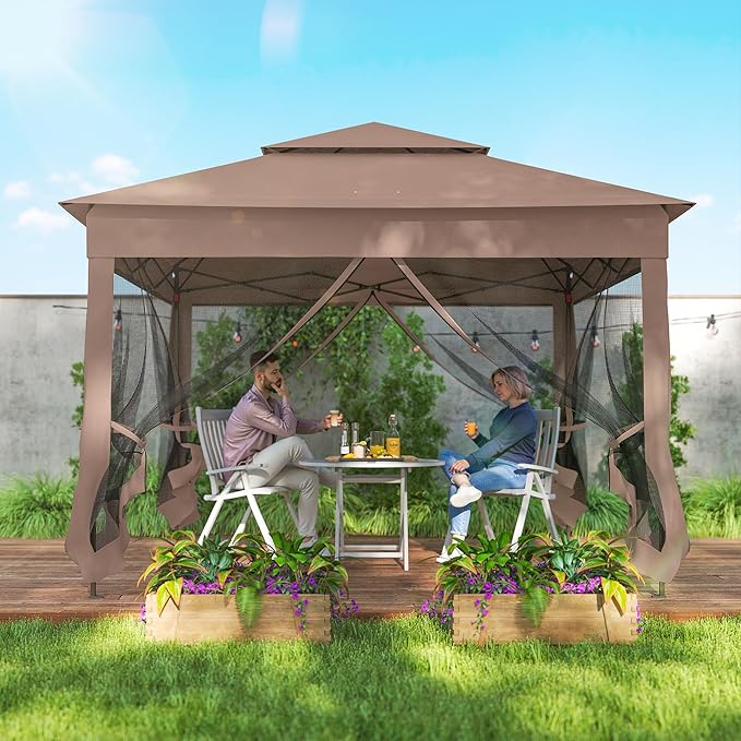 Outsunny 11' x 11' Pop Up Canopy, Outdoor Patio Gazebo Shelter with Removable Zipper Netting, Instant Event Tent w/ 114 Square Feet of Shade and Carry Bag for Backyard, Garden, Brown
