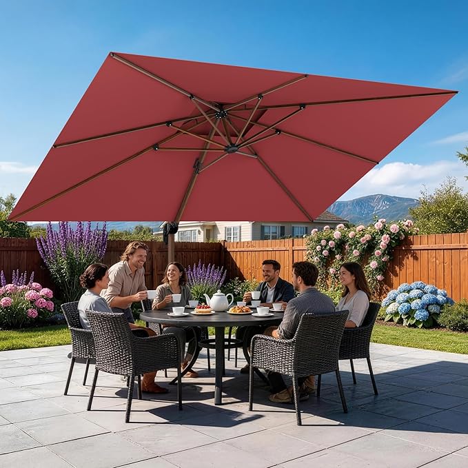 GENTEACO 10x13FT Rectangle Cantilever Patio Umbrella w/Base Included, Deluxe Wood Pattern Pole & 7 Angle Tilts, 360° Rotation, Offset Hanging Market Umbrellas for Garden Pool Patio, Red