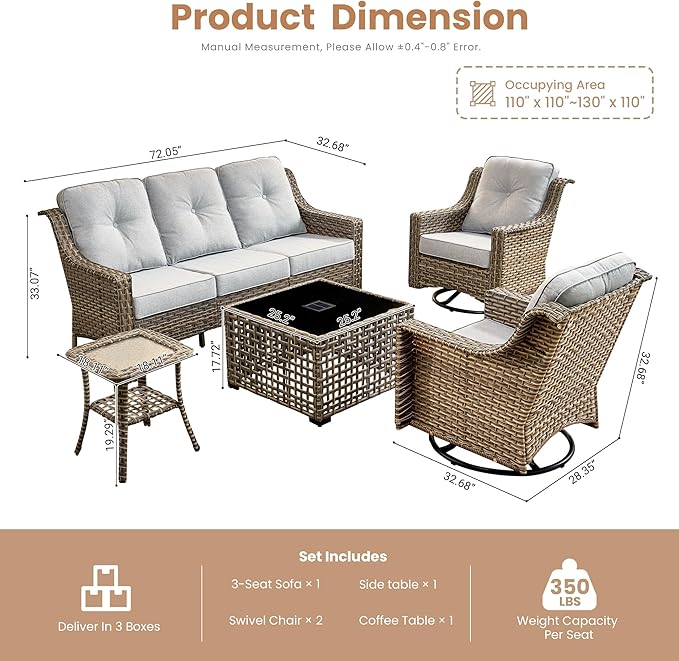 HOOOWOOO Patio Furniture Set,5 Pieces Wicker Outdoor Furniture,High Back Conversation Set with All Weather Resistant Solar Light Table Couch Swivel Chairs,Light Gray