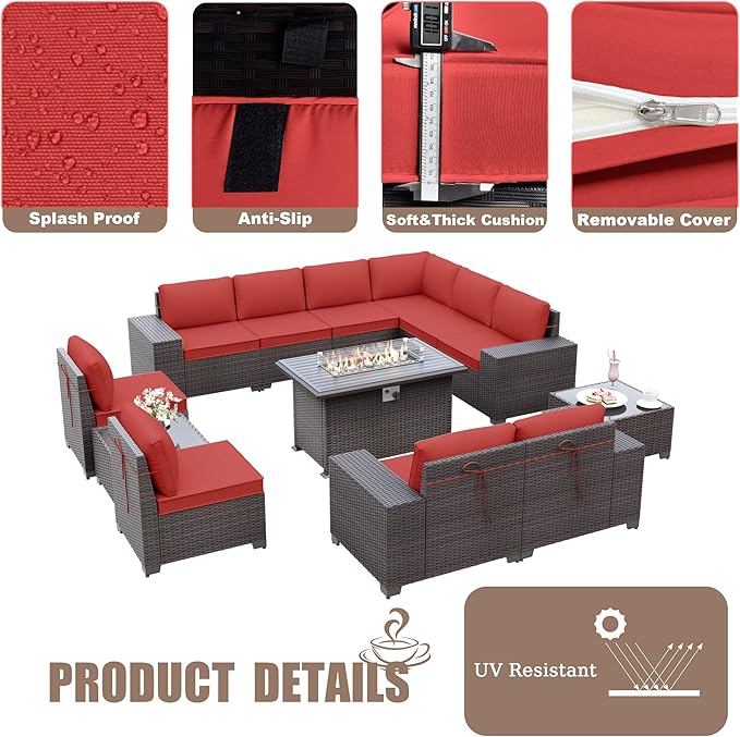 Patio Furniture Sectional Sofa Set 13PCS PE Rattan Patio Conversation Set w/43in Gas Fire Pit Table, Outdoor Furniture with 55000 BTU Propane Fire Pit, Red