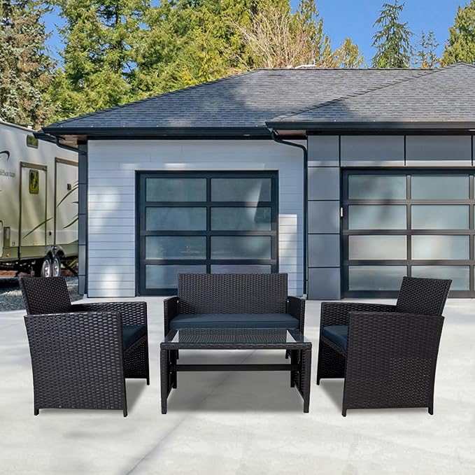 4 Pieces Patio Furniture Set,Porch Conversation Set for Garden, Outdoor PE Rattan Wicker Chairs with Cushion,Sectional Loveseat for Poolside or Backyard (Black-DarkBlue)