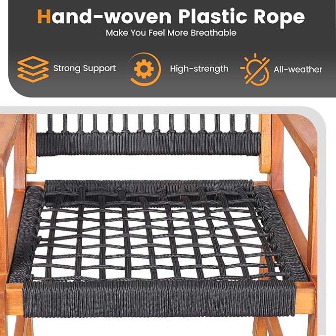 Tangkula 3 Pieces Acacia Wood Outdoor Furniture Set, All-Weather Rope Woven Bistro Set with Armchairs and Coffee Table, Patio Conversation Set for Front Porch, Deck, Balcony
