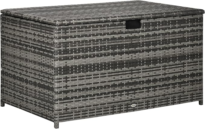 113 Gallon Deck Box, Rattan Outdoor Storage Box, Waterproof Storage Container for Indoor, Patio Furniture Cushions, Pool Supplies, Garden Tools, Dark Gray