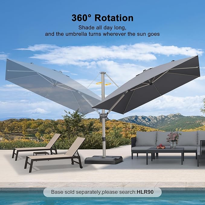 PURPLE LEAF 10’ X 10‘ Patio Umbrella Outdoor Cantilever Umbrella, Aluminum Offset Umbrella with Champagne Frame and 360° Rotation for Pool Deck Garden, Light Grey