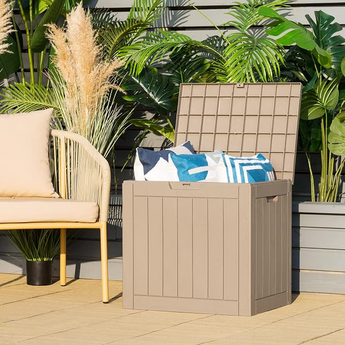 Giantex Deck Boxes Outdoor Waterproof - 30 Gallon Patio Storage Box with Lockable Lid, Built-in Handles, Storage Bin for Poolside, Package Delivery, Cushions, Garden Tools, Outside Storage Box (Brown)