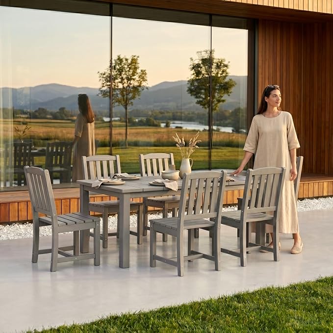 Perli™ 7-Piece Outdoor Dining Set, All-Weather HDPE Patio Table and 6 Chairs with Umbrella Hole, UV-Resistant Composite Wood Dining Furniture for Deck, Backyard, Poolside, Grey