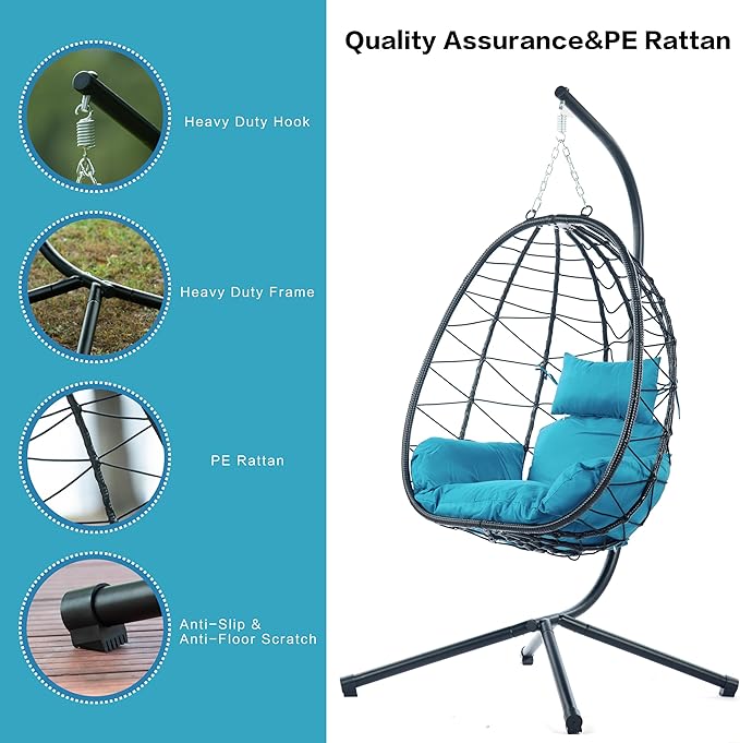 Hanging Egg Chair with Stand, Comfy Indoor/Outdoor Rattan Swing Hammock Chairs, 350lbs Capacity for Patio, Bedroom, Garden (Blue)