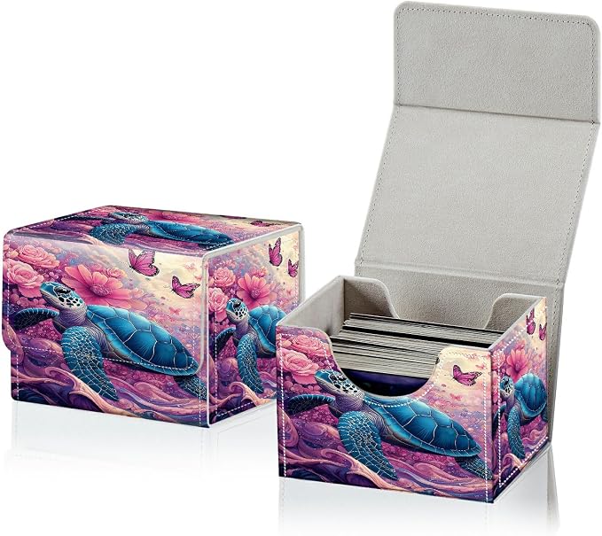 Card Deck Box for MTG, Cards Storage Box Fits 120+ Sleeved, Leather Small Size Strong Magnetic Closing Card Case for Board Games Magic TCG CCG Baseball Collection, Pink Flower Turtle