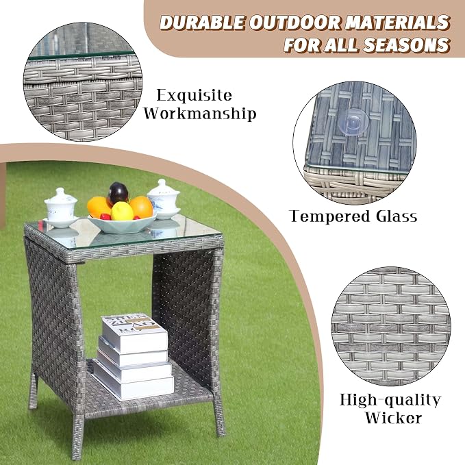 Outdoor Rattan Patio Side Tables, Wicker Table with Clear Tempered Glass Top, Patio End Tables with Storage Shelf, Outdoor Small Tables for Patio,Porch,Balcony,Backyard (Grey, 19.25 Inch)