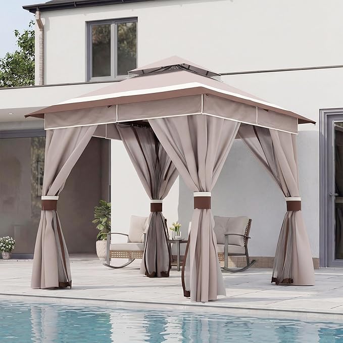 LAUSAINT HOME Patio Gazebo 8'x8', Outdoor Heavy Duty Party Tent Shelter with Double Roofs, Mosquito Nettings and Privacy Screens for Backyard, Garden, Lawn, Classic Khaki