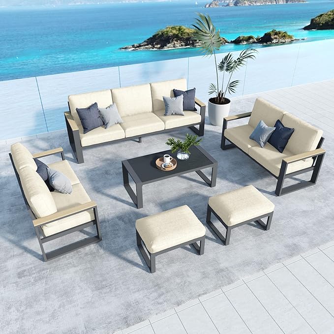 RoyalCraft Aluminum Patio Furniture, 6 Piece Metal Outdoor Furniture Set with Coffee Table & Ottomans, Modern Patio Sofa Sets Outdoor Conversation Set for Pool Garden Porch Backyard, Beige