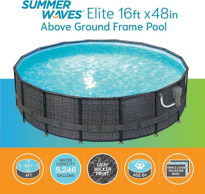 Summer Waves P4A01648B 16ft x 48in Above Ground Frame Outdoor Swimming Pool Set w/ Filter Pump, Pool Cover, Ladder, Ground Cloth, & Maintenance Kit
