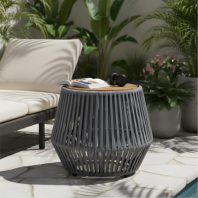 Merax Bohemian Round Outdoor Side Table with Acacia Wood Top and Grey Handwoven Rope Base, Boho Patio Coffee Table for Garden, Pool, Deck, Balcony, Yard