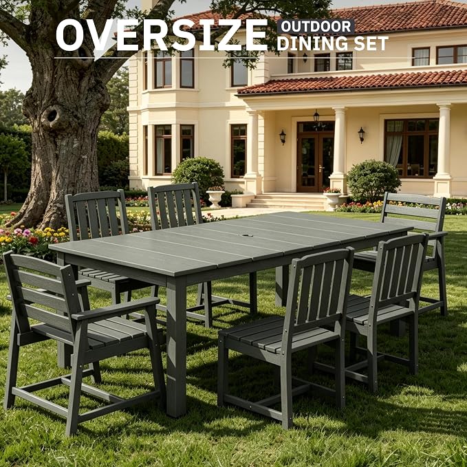AreShark 7-Piece Outdoor Dining Set,HDPE Patio Table with 6 Chairs,All-Weather Patio Furniture Set with Umbrella Hole,Low Maintenance Wood Grain Dining Set for Backyard,Garden,Poolside,Gray