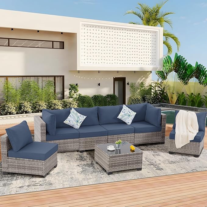 FHFO 7 Piece Outdoor Wicker Patio Furniture Set, Rattan Sectional Sofa Couch, Patio Conversation Set with Cushion & Coffee Table, for Backyard Poolside Porch Garden, Grey/Blue