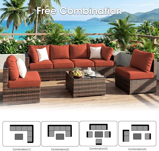 Patio Furniture Set 7 Piece Outdoor Wicker Sectional Sofa - All Weather High Backrest PE Rattan Couch Conversation Set with Cushion & Glass Top Table for Backyard Deck (Red, L-7 pcs w/glass table)