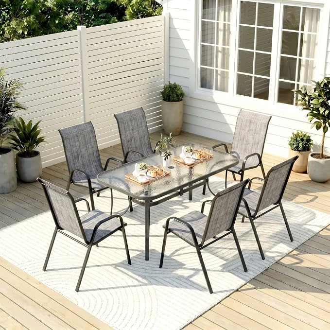 TLSUNNY Patio Dining Set for 6, Outdoor Table and Chairs W/1.69″ Umbrella Hole, 30"X 55" Table and Stackable Textilene Chair, All Weather Patio Furniture Set (Grey Table & Grey Chair)