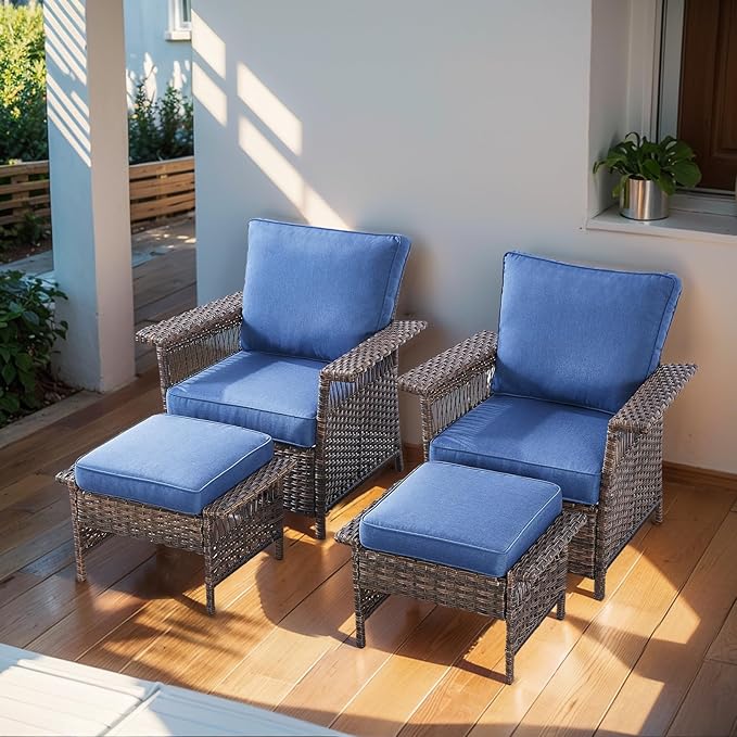 Patio Furniture Set 2 Wicker Patio Chairs with 2 PE Rattan Ottomans Brown Wicker Blue Cushions Patio Conversation Set 4pcs for Garden Balcony Sunroom Backyard Poolside