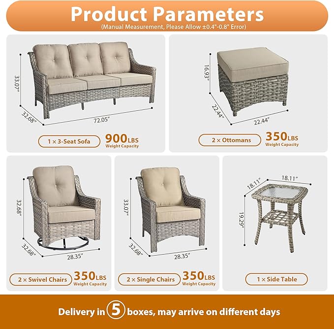 8 PCS Outdoor Patio Furniture Sets,Patio Conversation Sets Outside Rattan Soft Cushion Sofa with 2 Wicker Rocking Chairs Soft Cushion Fit Backyard Porch Garden Poolside Balcony,Beige