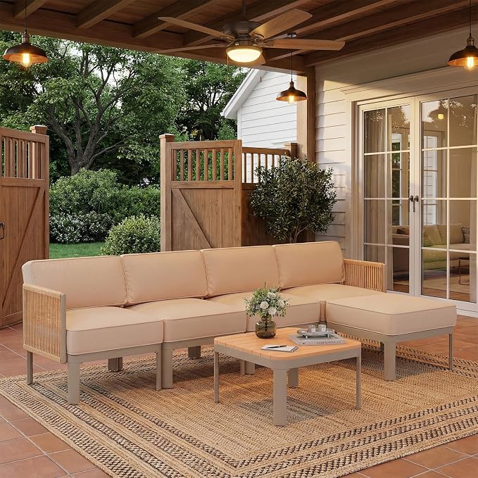 EROMMY 6 Pieces Patio Sectional Furniture Set, Metal Frame Outdoor Conversation Set with Ottoman, 6" Thick Cushions & Coffee Table, All-Weather Sectional Sofa for Poolside, Deck, Backyard, Beige