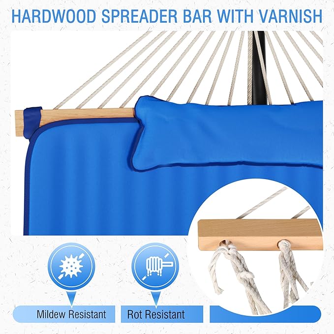 MUPATER 12FT Double Hammock with Stand Included, 2 Person Hammock, Outdoor Quilted Hammock with Stand, Rope Hammock with Pad and Pillow, hamacas para adultos, Dark Blue