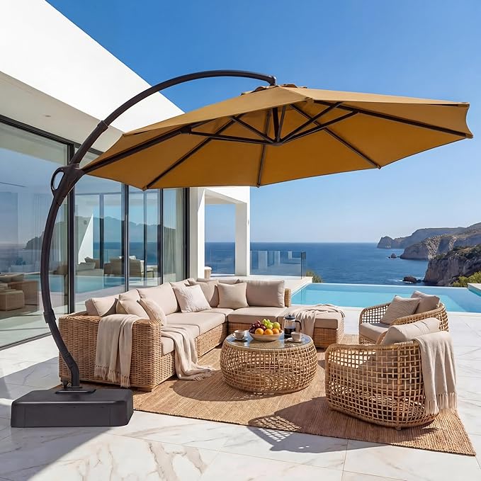 EO Living Outdoor Patio Umbrella with Base included, 11 FT Deluxe Curvy Cantilever Umbrella Heavy Duty Offset Hanging Umbrella with 360° Rotation for Pool, Garden, Backyard, Deck (Tan)