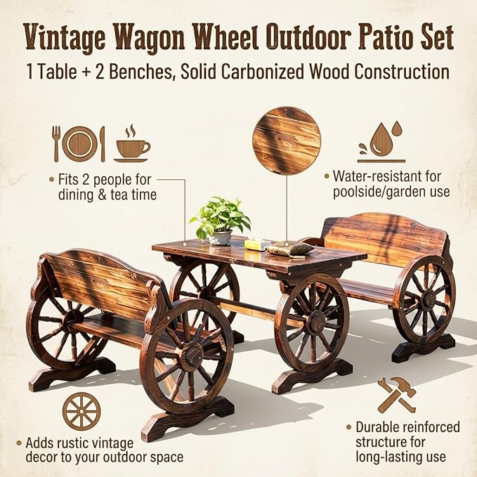 3 Pieces Patio Dining Set, Outdoor Wooden Rectangular Table and Benches,Rustic Wheel Bench Outside Furniture Set for Patio Porch,Deck, Lawn, Garden and Backyard(63in)