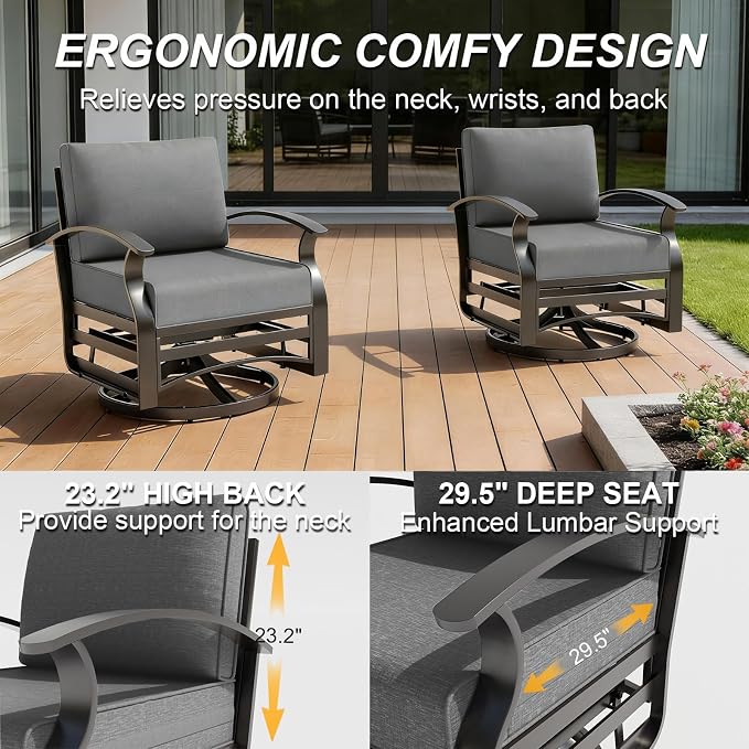 Gotland 6 Piece Patio Set, Aluminum Outdoor Swivel Chairs Set with Round Table 5.1’’ High-Resilience Seat Cushions 29.5" Deep Seating, Metal Patio Furniture Set Patio Conversation Sets, Grey