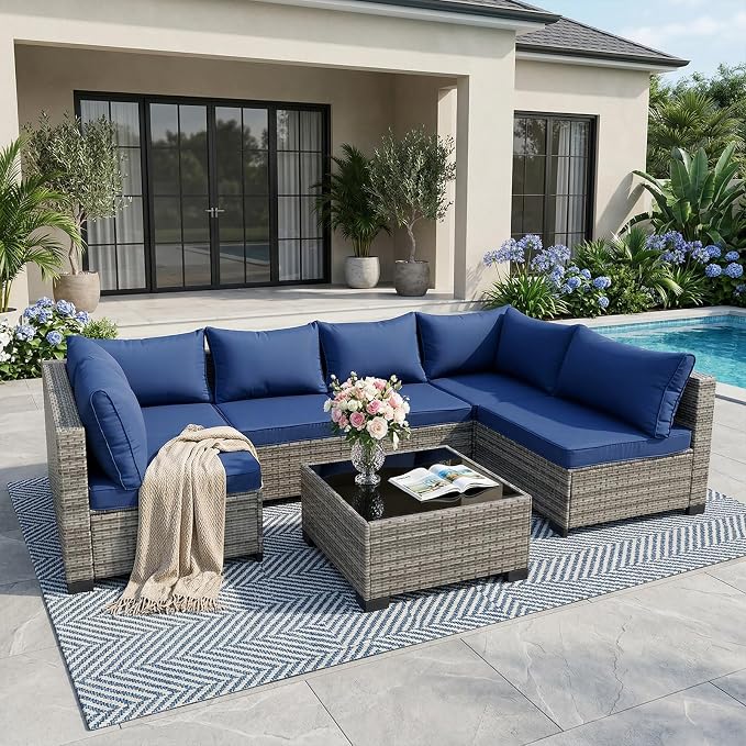 7-Piece Patio Furniture Set, Outdoor Wicker Conversation Sofa Set with Coffee Table & Extra Thick 8.5" Cushions, All-Weather Sectional for Backyard, Porch, Poolside (Navy Blue, 7PCS)