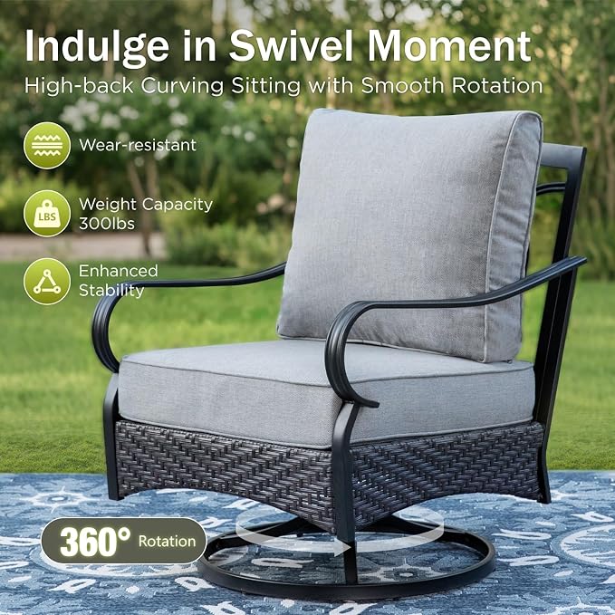 PHI VILLA Patio Furniture Set, Upgraded Wicker & Metal Modern Outdoor Conversation Sets Patio Sectional Swivel Chair Set with Coffee Table & Waterproof Thick Cushions for Porch, Deck(6 Pieces, Grey)